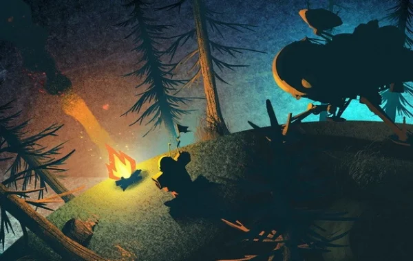 Outer Wilds: ночь, ледяная рябь квазара, маршмеллоу, банджо и фонарь